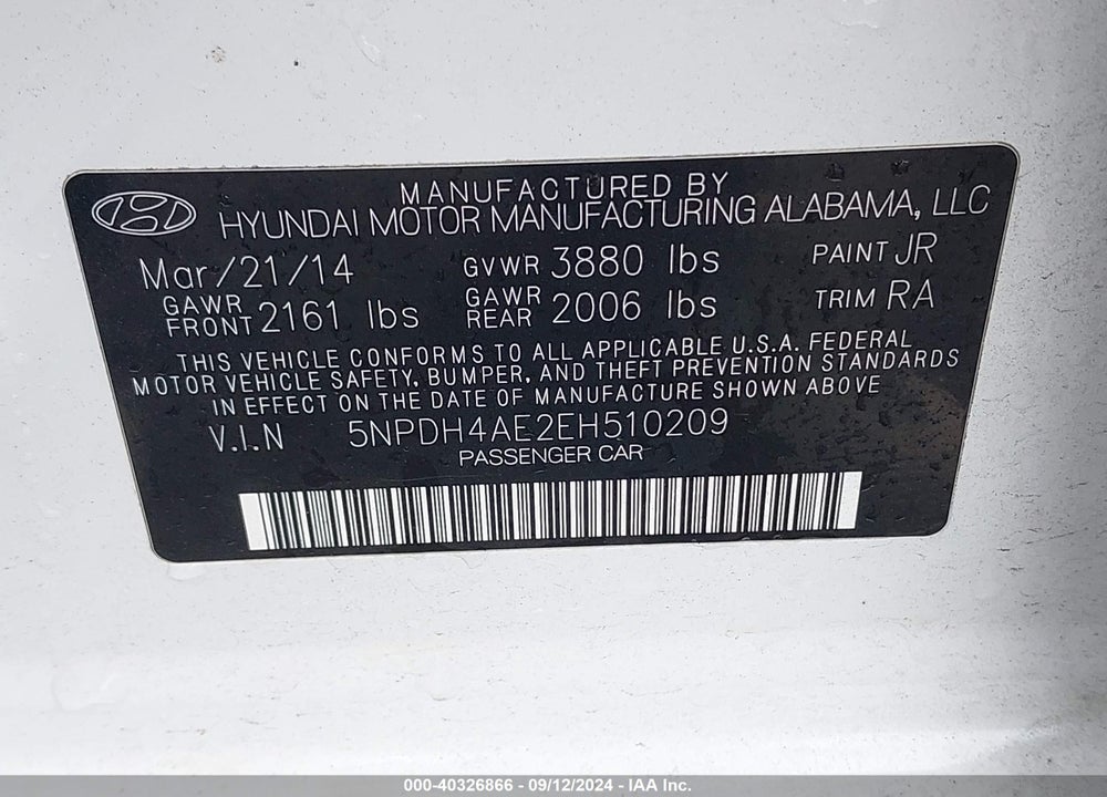 2014 HYUNDAI ELANTRA SE VIN: 5NPDH4AE2EH510209