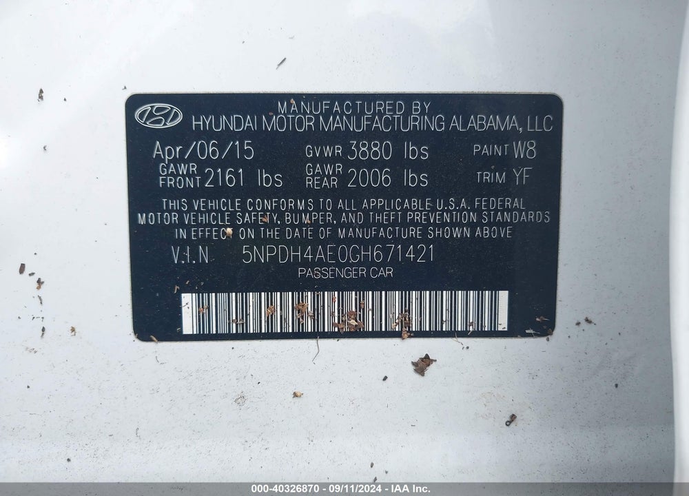 2016 HYUNDAI ELANTRA SE VIN: 5NPDH4AE0GH671421
