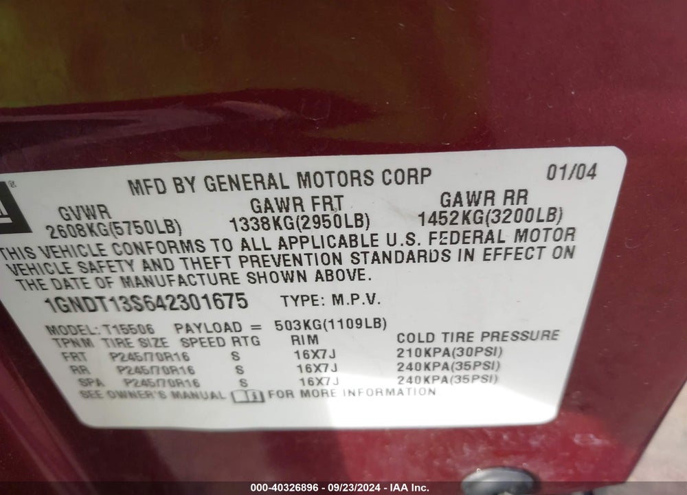 2004 CHEVROLET TRAILBLAZER LS VIN: 1GNDT13S642301675