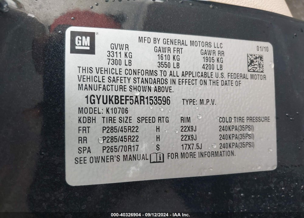 2010 CADILLAC ESCALADE LUXURY VIN: 1GYUKBEF5AR153596