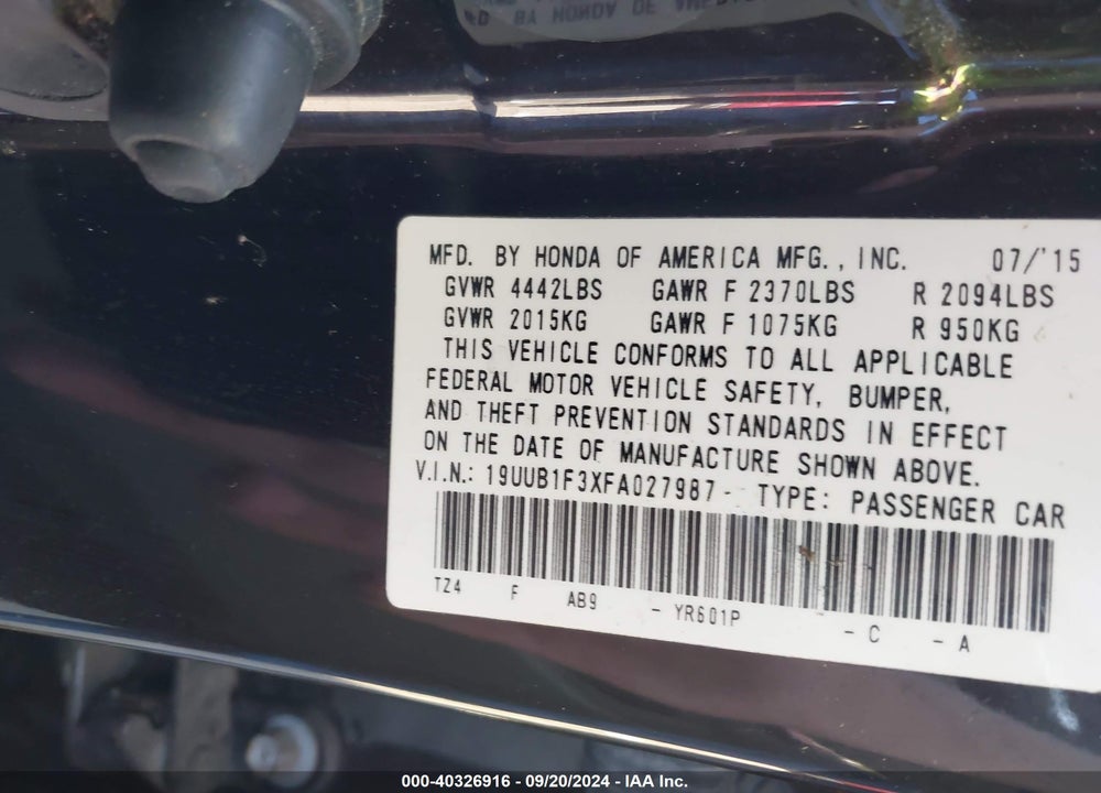 2015 ACURA TLX VIN: 19UUB1F3XFA027987