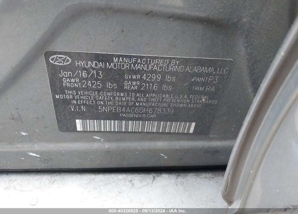 2013 HYUNDAI SONATA GLS VIN: 5NPEB4AC6DH678339