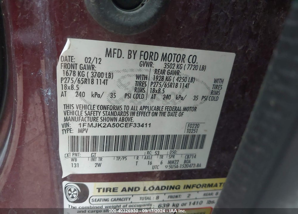 2012 FORD EXPEDITION EL LIMITED VIN: 1FMJK2A50CEF33411