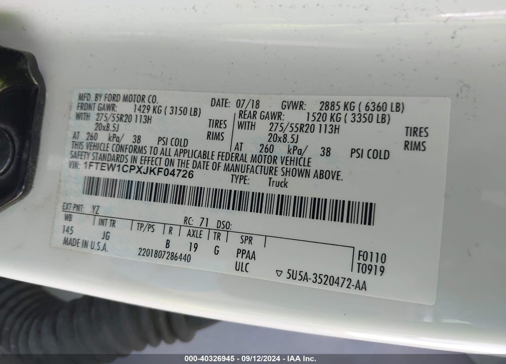 2018 FORD F-150 XL VIN: 1FTEW1CPXJKF04726