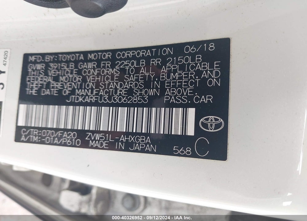 2018 TOYOTA PRIUS THREE VIN: JTDKARFU3J3062853