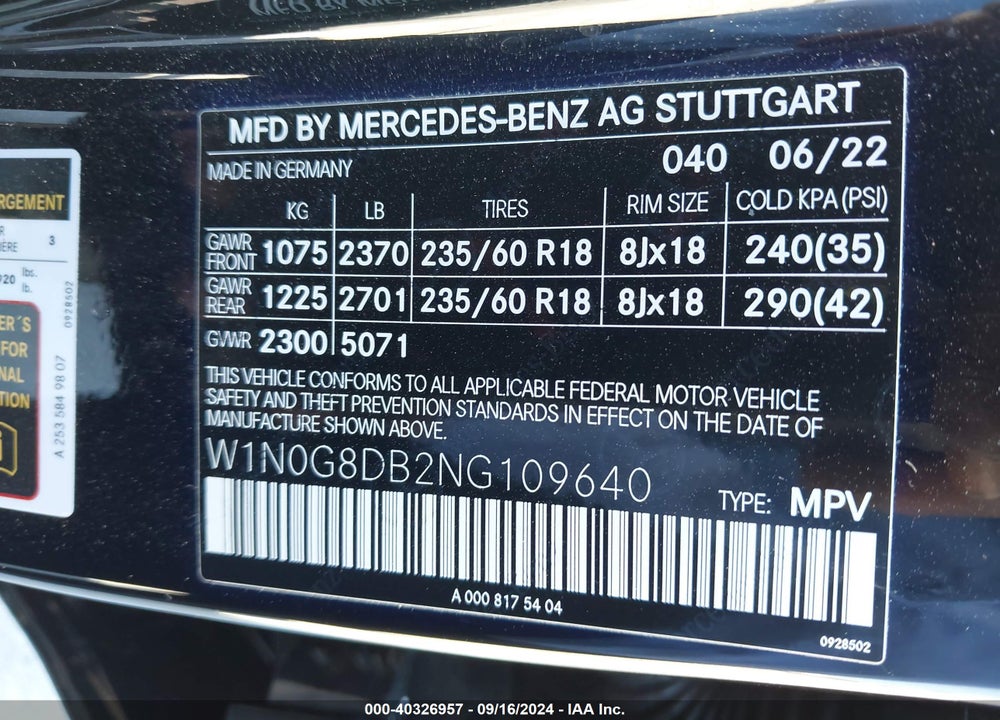 2022 MERCEDES-BENZ GLC 300 SUV VIN: W1N0G8DB2NG109640