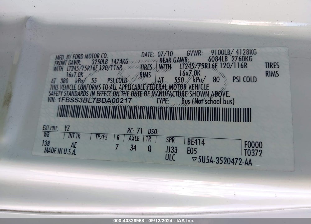 2011 FORD E-350 SUPER DUTY XL VIN: 1FBSS3BL7BDA00217