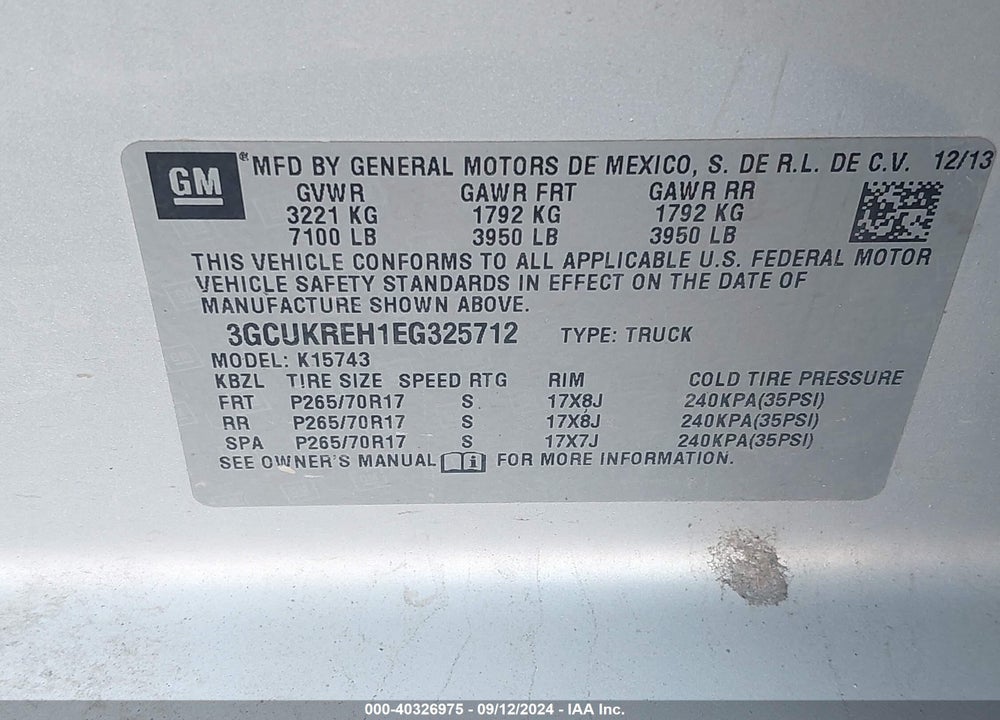 2014 CHEVROLET SILVERADO 1500 2LT VIN: 3GCUKREH1EG325712
