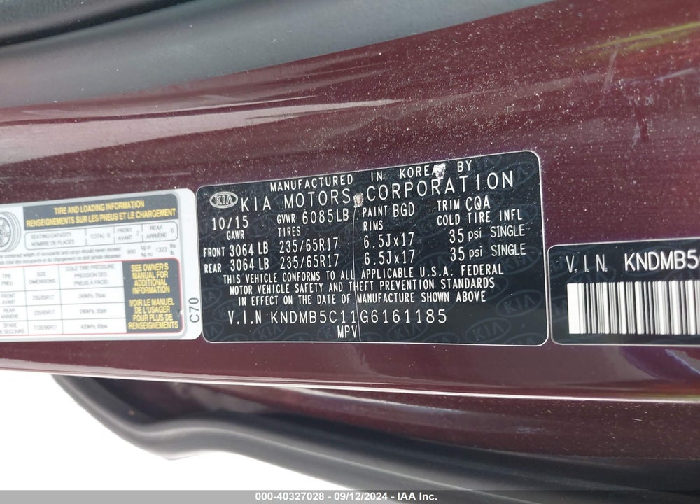 2016 KIA SEDONA LX VIN: KNDMB5C11G6161185