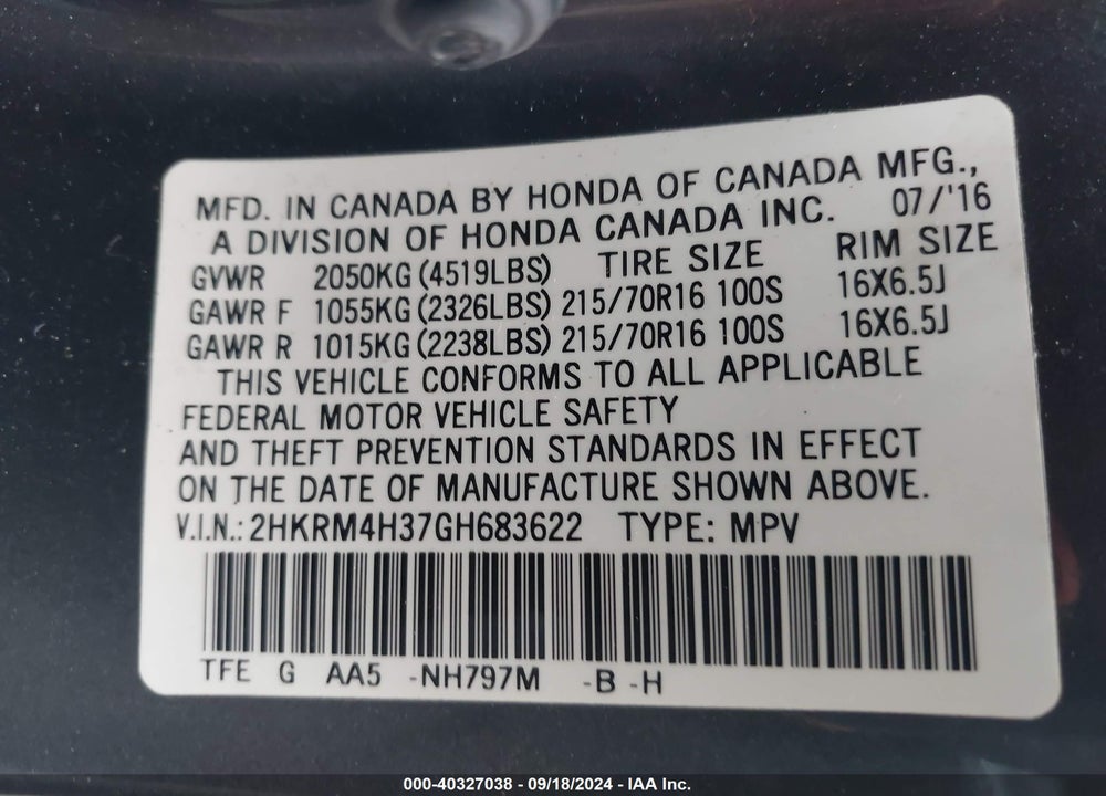2016 HONDA CR-V LX VIN: 2HKRM4H37GH683622