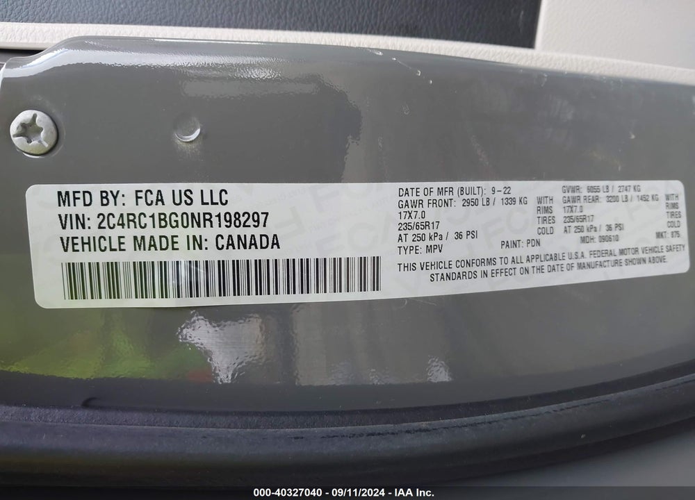 2022 CHRYSLER PACIFICA TOURING L VIN: 2C4RC1BG0NR198297