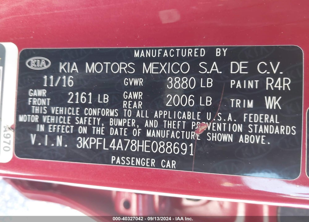 2017 KIA FORTE S VIN: 3KPFL4A78HE088691
