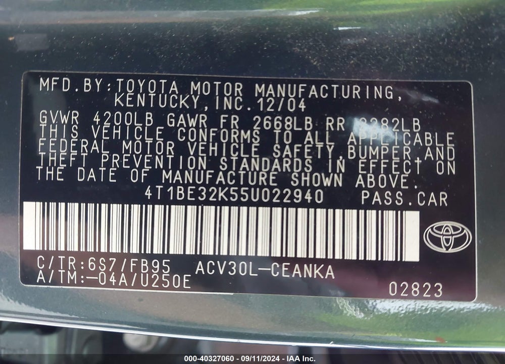 2005 TOYOTA CAMRY LE VIN: 4T1BE32K55U022940