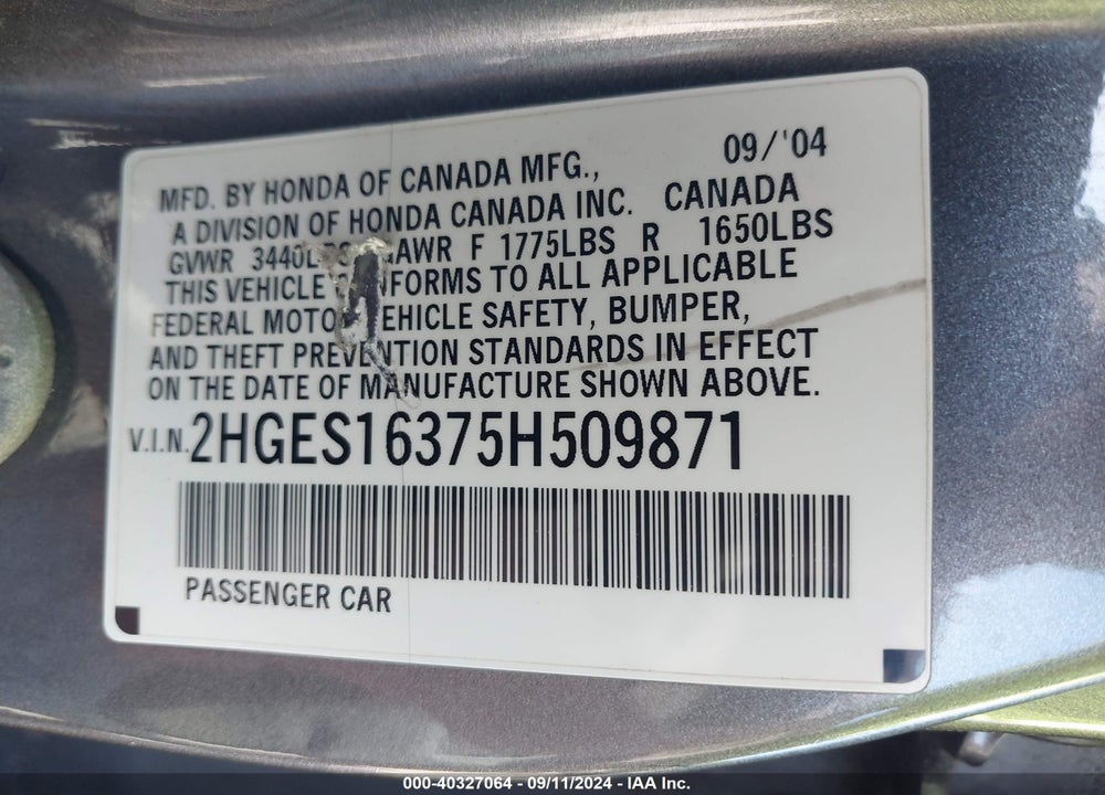 2005 HONDA CIVIC VP VIN: 2HGES16375H509871