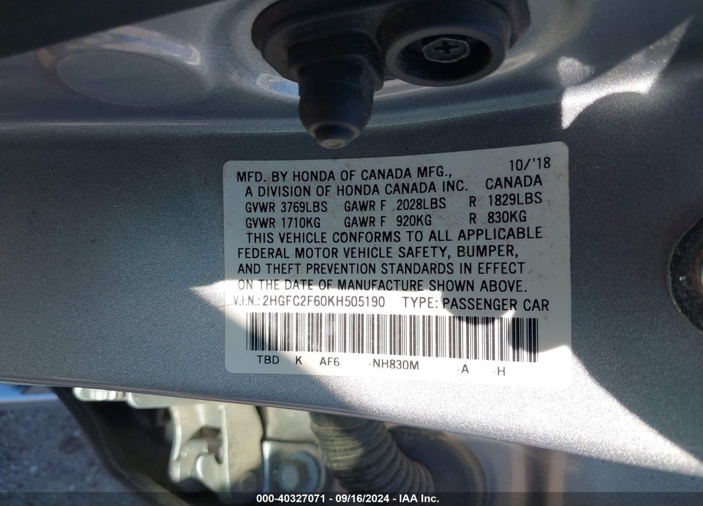 2019 HONDA CIVIC LX VIN: 2HGFC2F60KH505190