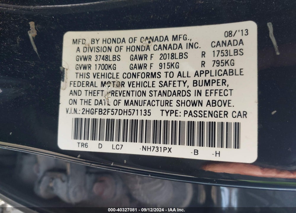 2013 HONDA CIVIC LX VIN: 2HGFB2F57DH571135