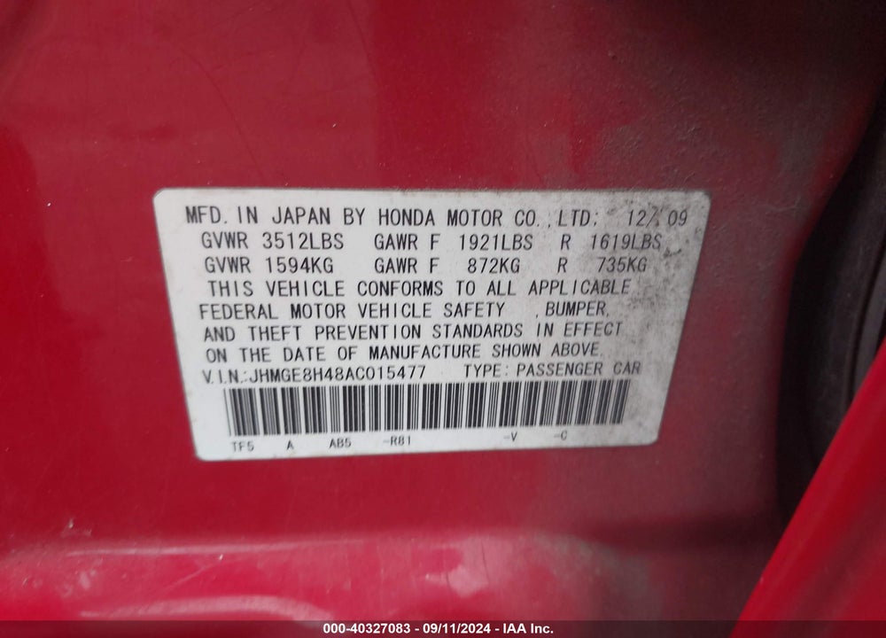 2010 HONDA FIT SPORT VIN: JHMGE8H48AC015477