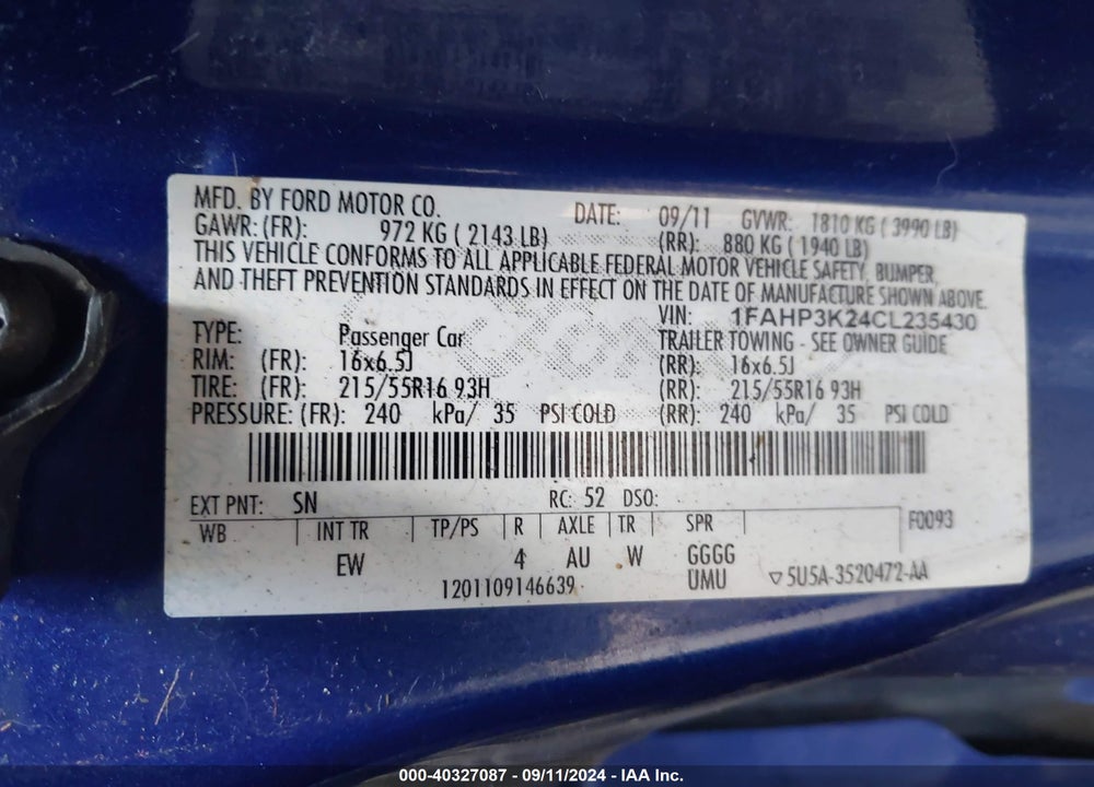 2012 FORD FOCUS SE VIN: 1FAHP3K24CL235430