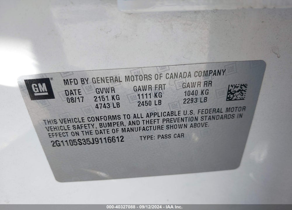 2018 CHEVROLET IMPALA VIN: 2G1105S35J9116612