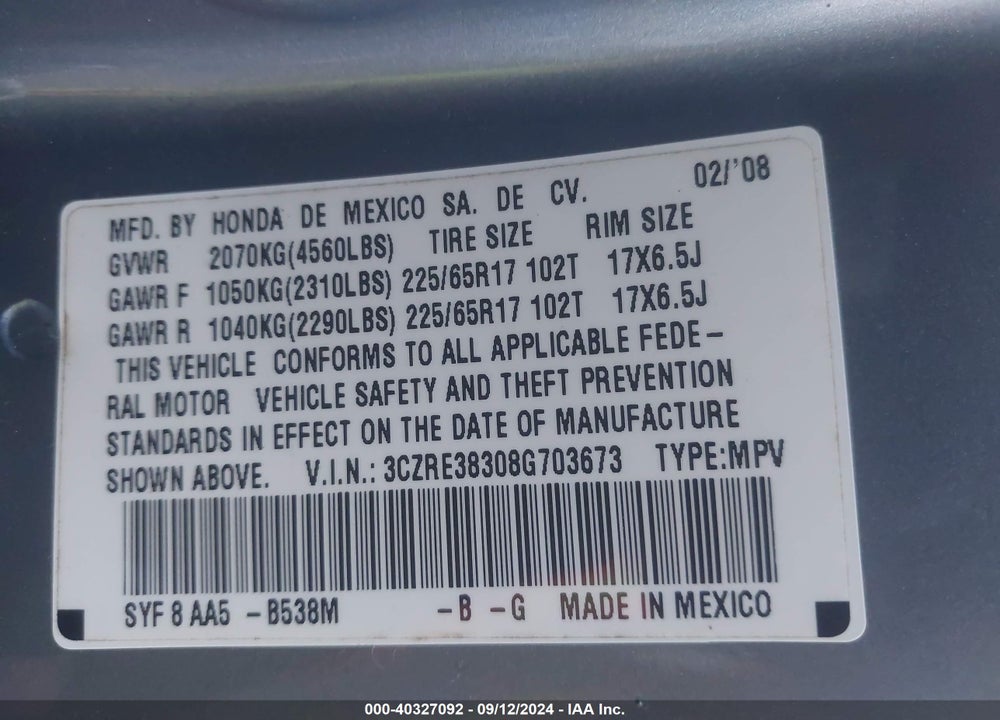 2008 HONDA CR-V LX VIN: 3CZRE38308G703673