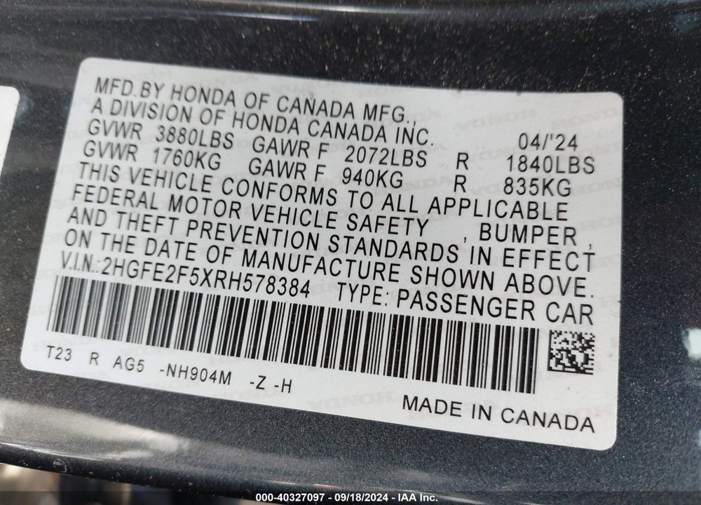2024 HONDA CIVIC SPORT VIN: 2HGFE2F5XRH578384