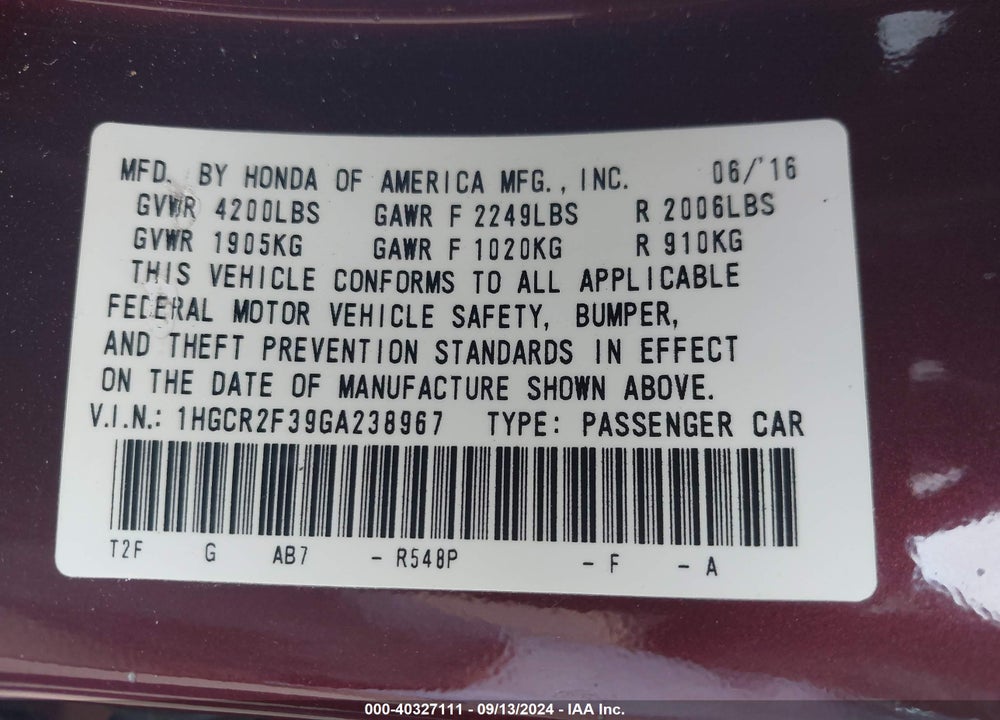 2016 HONDA ACCORD LX VIN: 1HGCR2F39GA238967