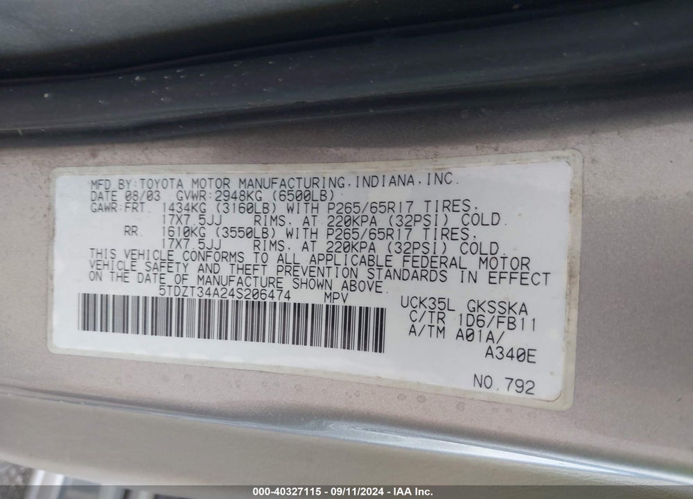 2004 TOYOTA SEQUOIA SR5 V8 VIN: 5TDZT34A24S206474