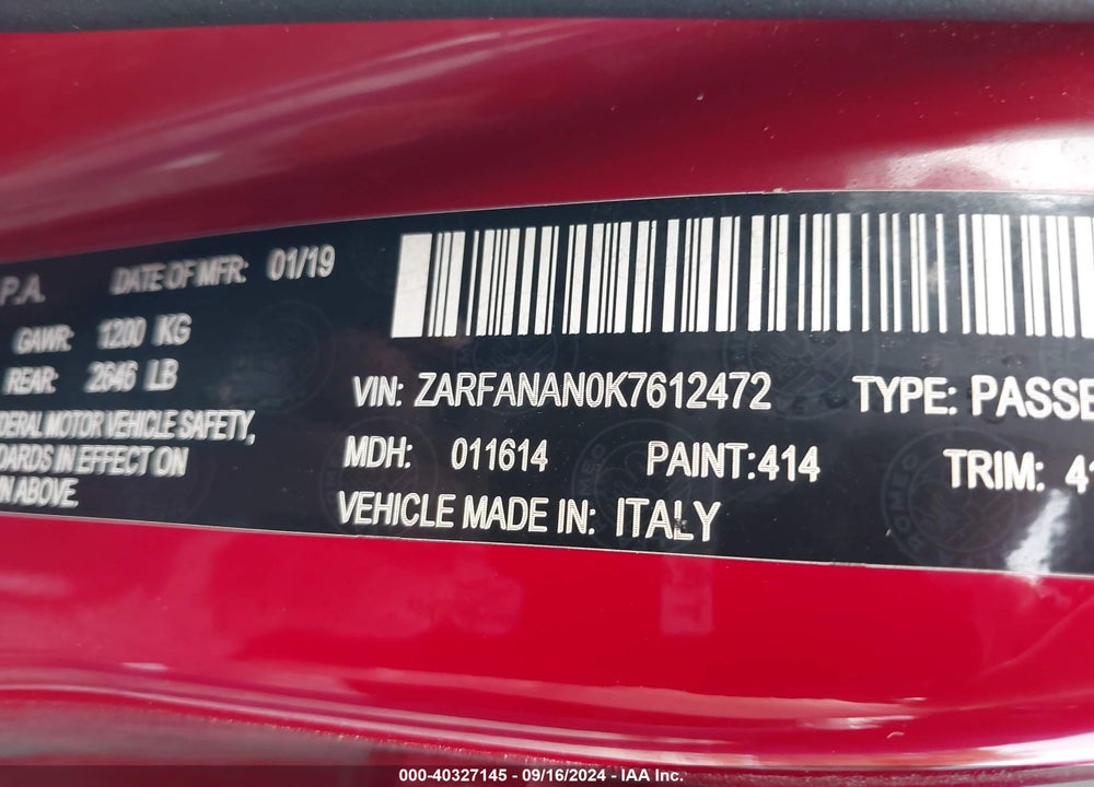 2019 ALFA ROMEO GIULIA SPORT AWD VIN: ZARFANAN0K7612472