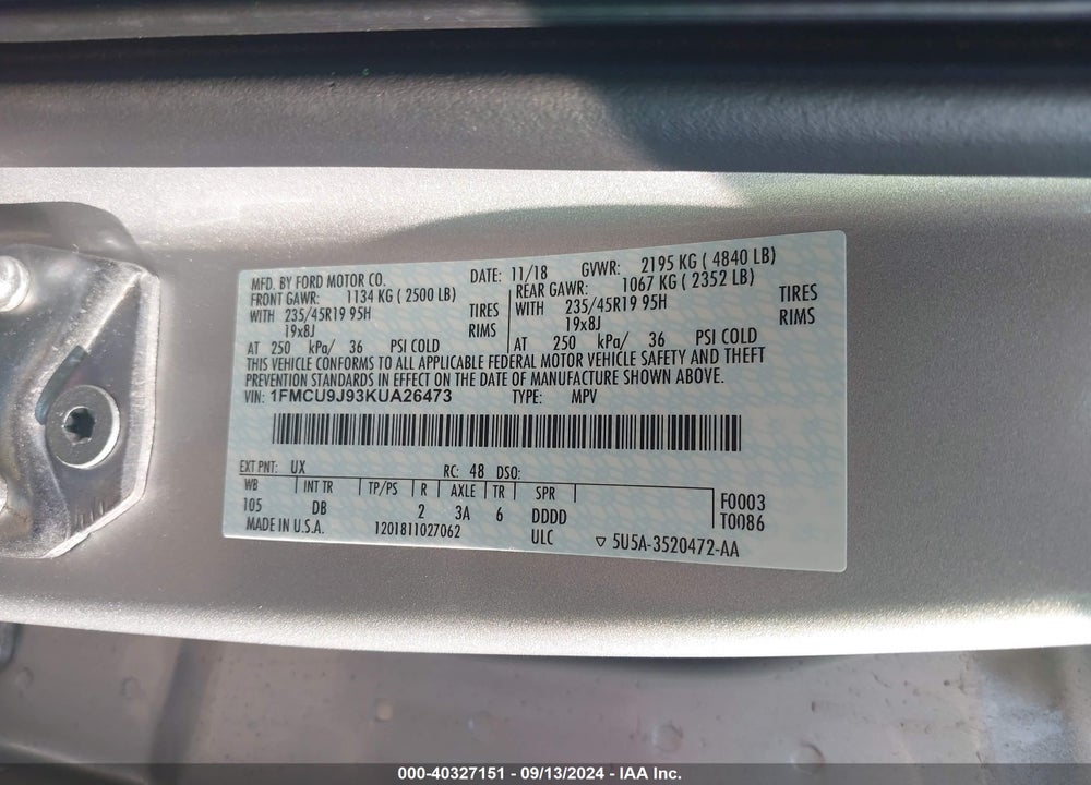 2019 FORD ESCAPE TITANIUM VIN: 1FMCU9J93KUA26473