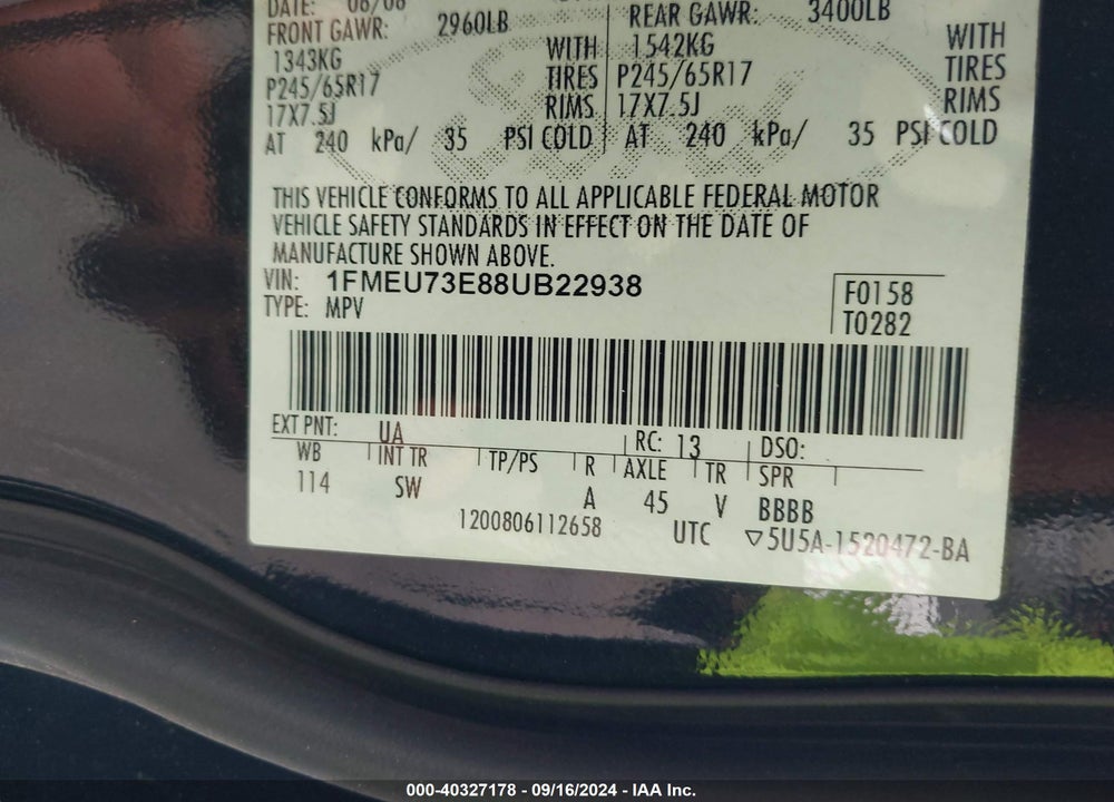 2008 FORD EXPLORER XLT VIN: 1FMEU73E88UB22938