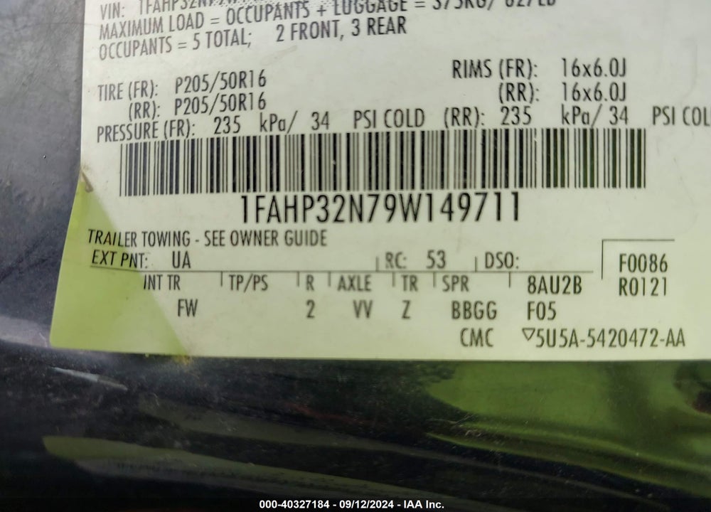 2009 FORD FOCUS SE VIN: 1FAHP32N79W149711
