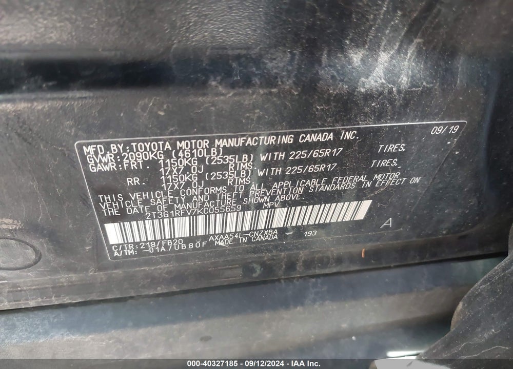 2019 TOYOTA RAV4 LE VIN: 2T3G1RFV7KC055659