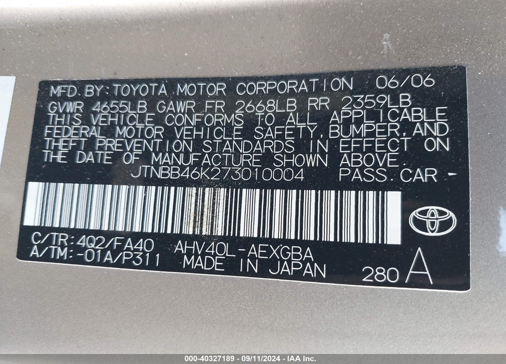 2007 TOYOTA CAMRY HYBRID VIN: JTNBB46K273010004