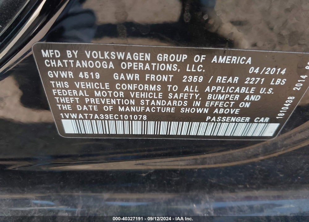 2014 VOLKSWAGEN PASSAT 1.8T WOLFSBURG EDITION VIN: 1VWAT7A33EC101078