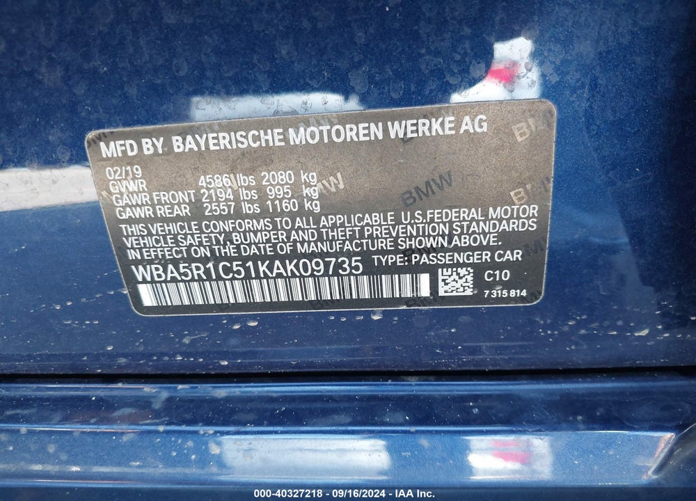 2019 BMW 330I VIN: WBA5R1C51KAK09735