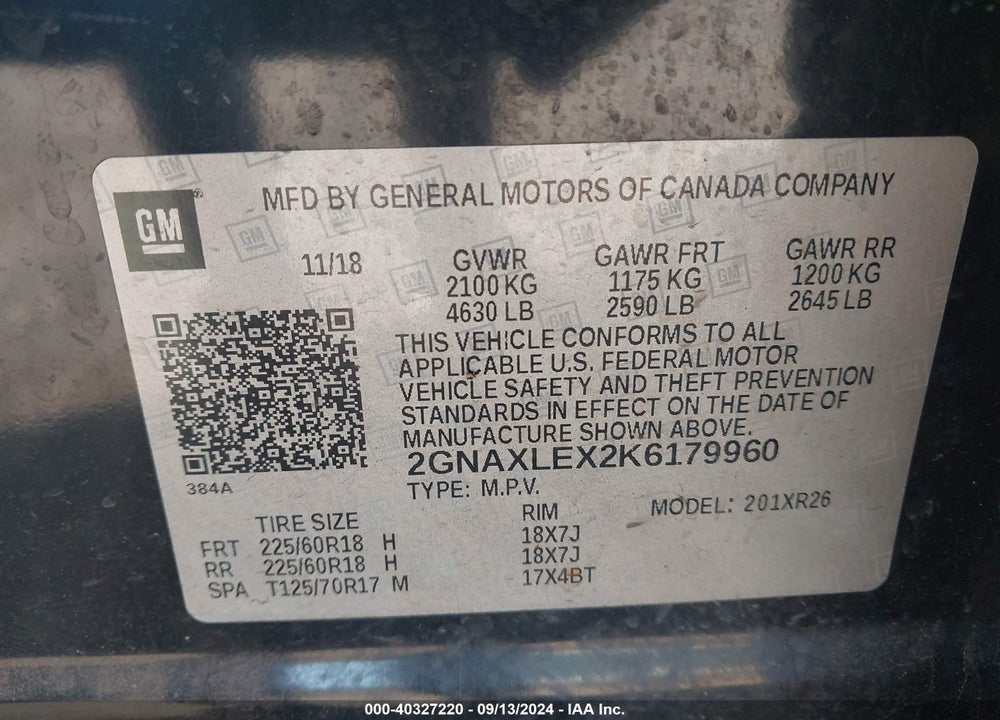 2019 CHEVROLET EQUINOX LT VIN: 2GNAXLEX2K6179960