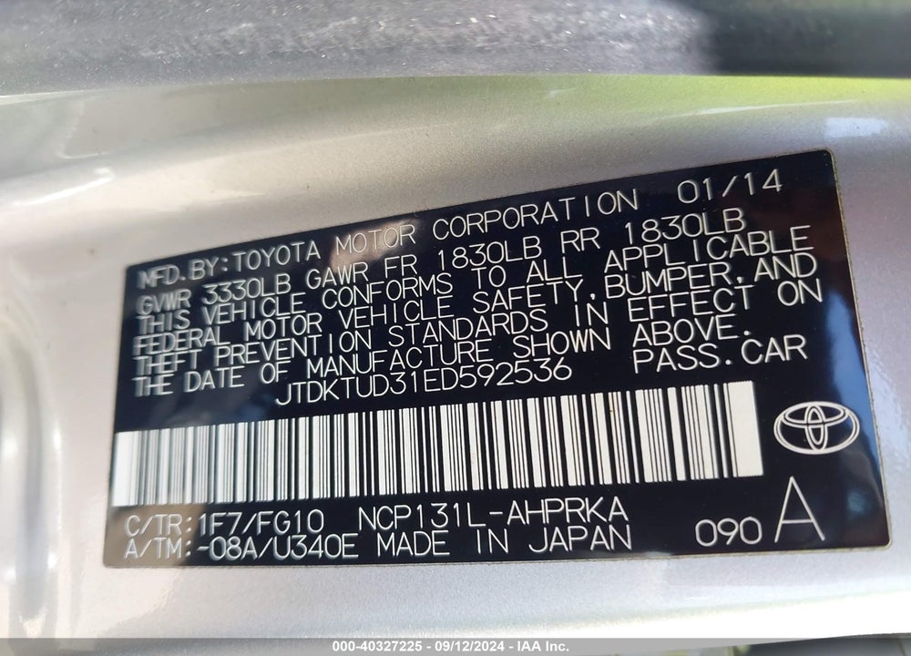2014 TOYOTA YARIS L (TMC/CBU PLANT) VIN: JTDKTUD31ED592536