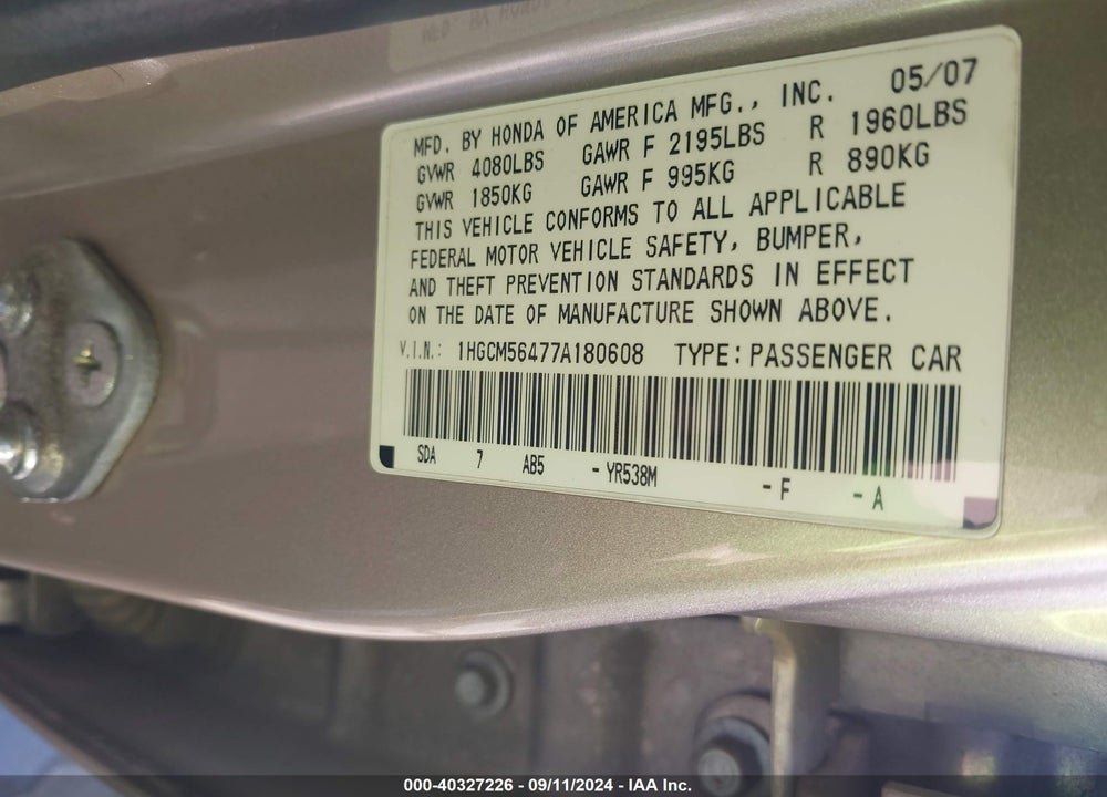 2007 HONDA ACCORD 2.4 LX VIN: 1HGCM56477A180608
