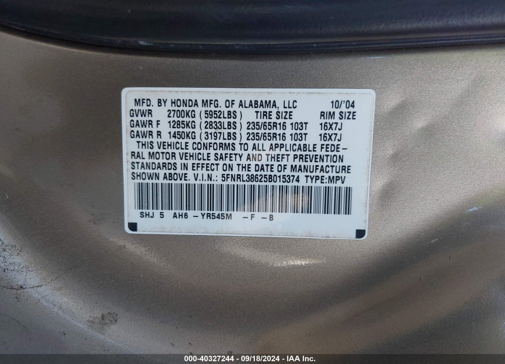 2005 HONDA ODYSSEY EX-L VIN: 5FNRL38625B015374