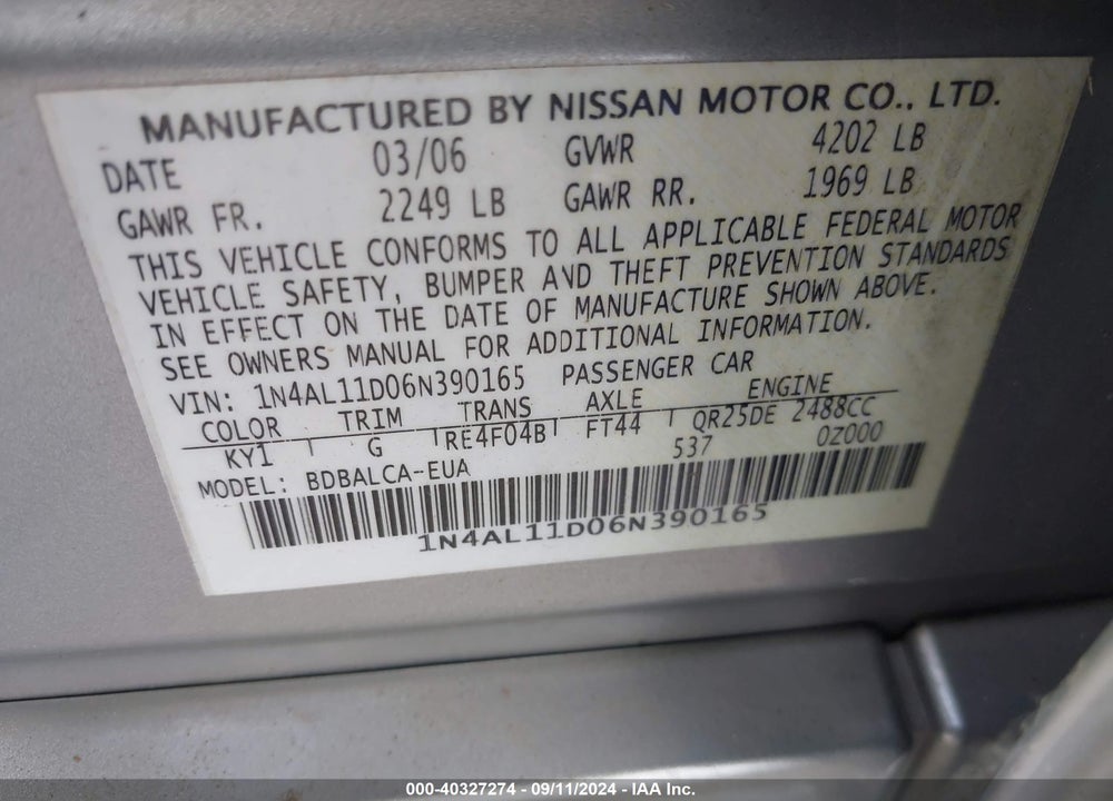 2006 NISSAN ALTIMA 2.5 S VIN: 1N4AL11D06N390165
