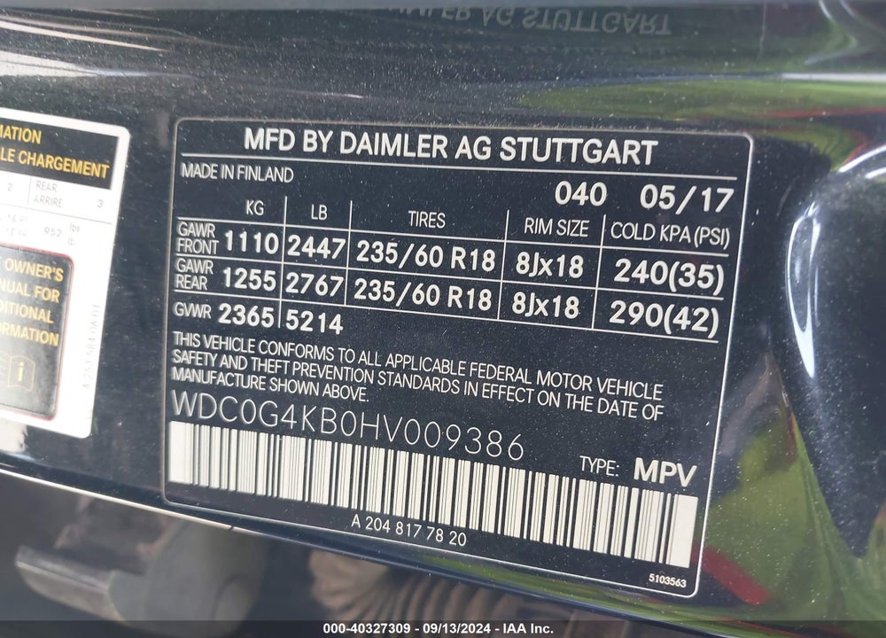2017 MERCEDES-BENZ GLC 300 4MATIC VIN: WDC0G4KB0HV009386