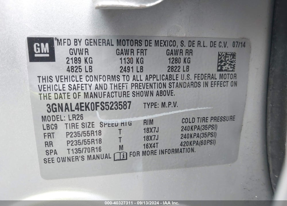 2015 CHEVROLET CAPTIVA SPORT LTZ VIN: 3GNAL4EK0FS523587