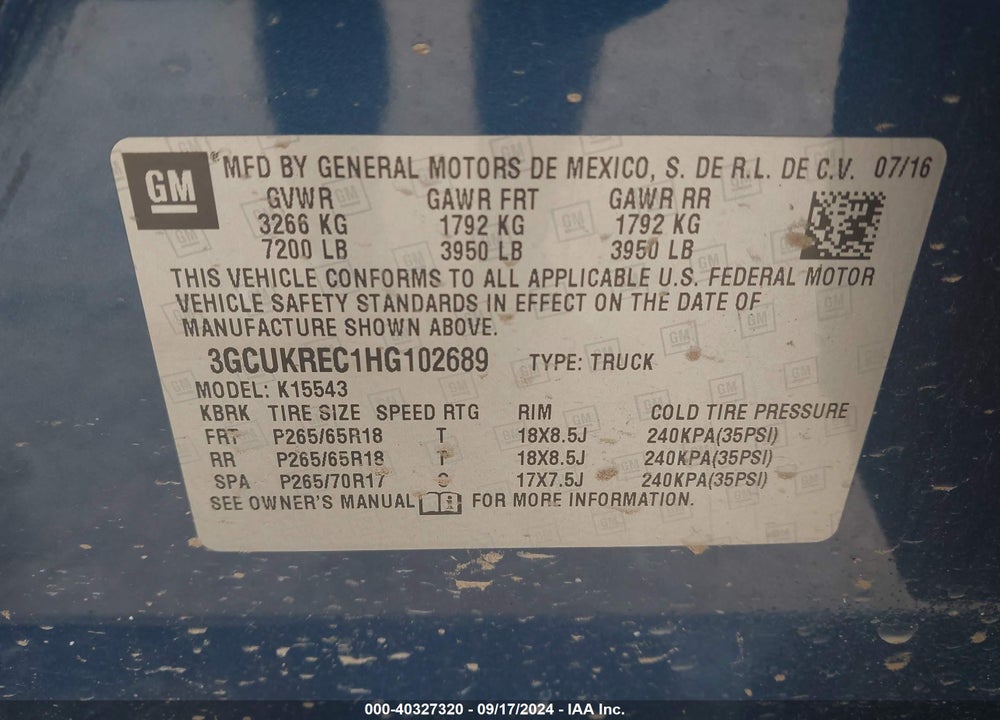 2017 CHEVROLET SILVERADO 1500 2LT VIN: 3GCUKREC1HG102689
