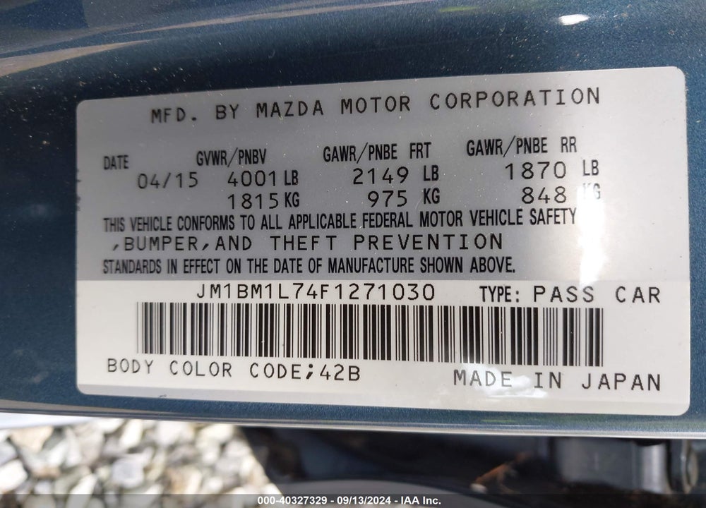 2015 MAZDA 3 I TOURING VIN: JM1BM1L74F1271030
