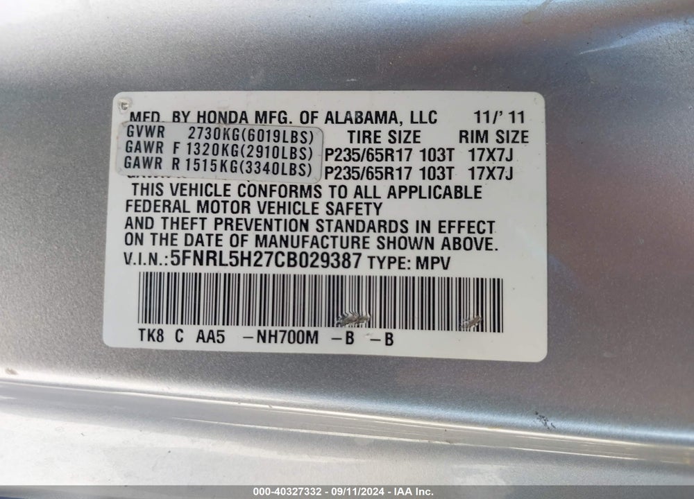 2012 HONDA ODYSSEY LX VIN: 5FNRL5H27CB029387