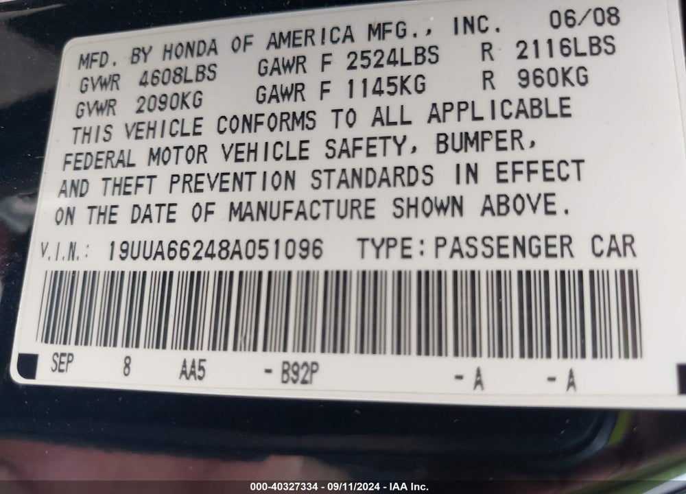 2008 ACURA TL 3.2 VIN: 19UUA66248A051096
