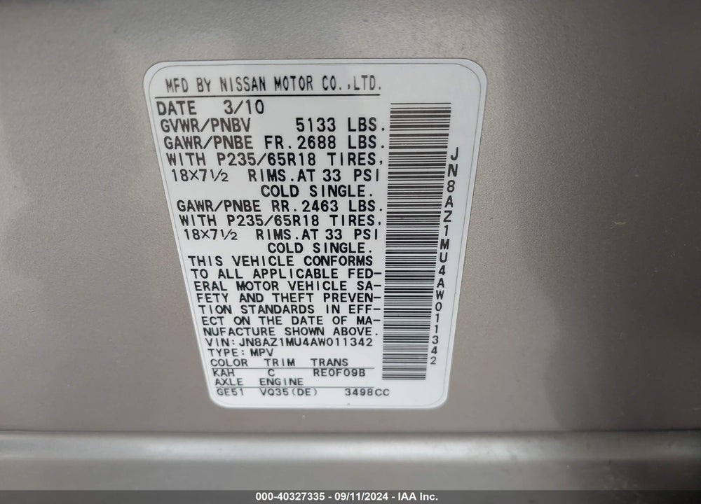 2010 NISSAN MURANO SL VIN: JN8AZ1MU4AW011342