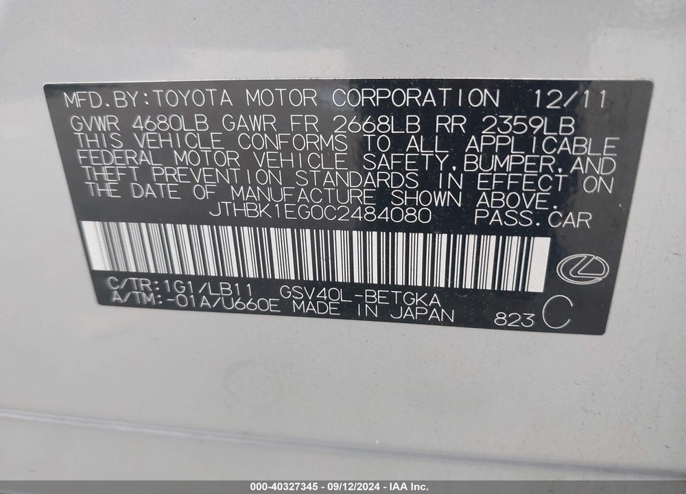 2012 LEXUS ES 350 VIN: JTHBK1EG0C2484080