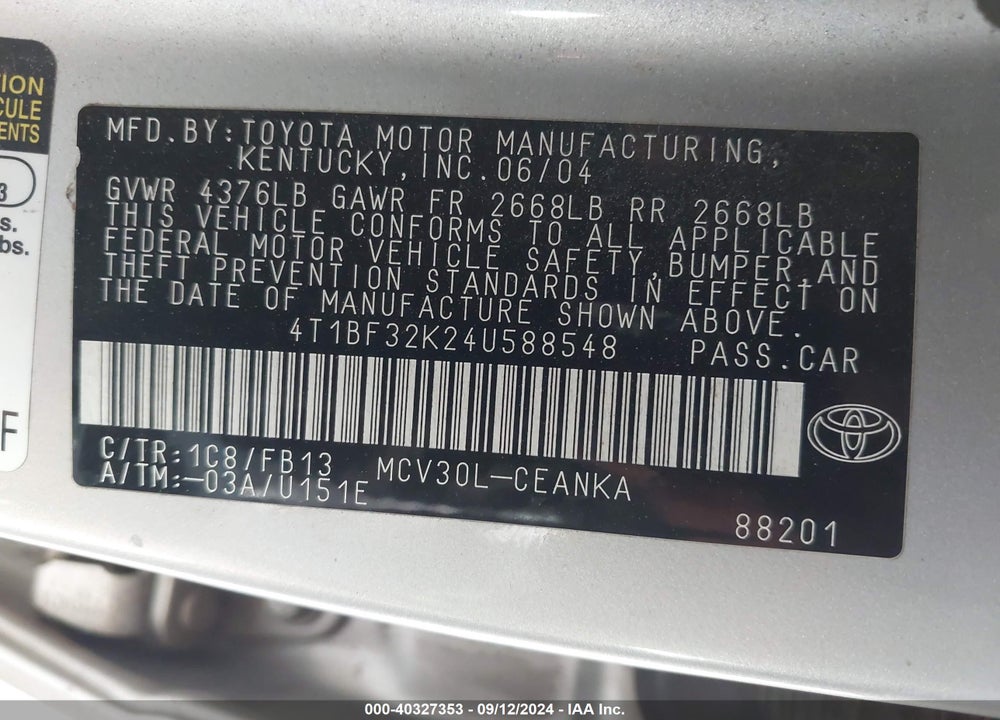 2004 TOYOTA CAMRY LE V6 VIN: 4T1BF32K24U588548