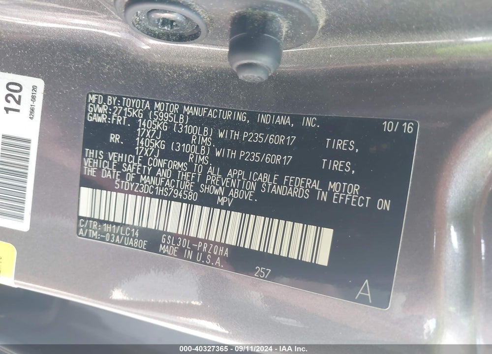 2017 TOYOTA SIENNA XLE PREMIUM 8 PASSENGER VIN: 5TDYZ3DC1HS794580